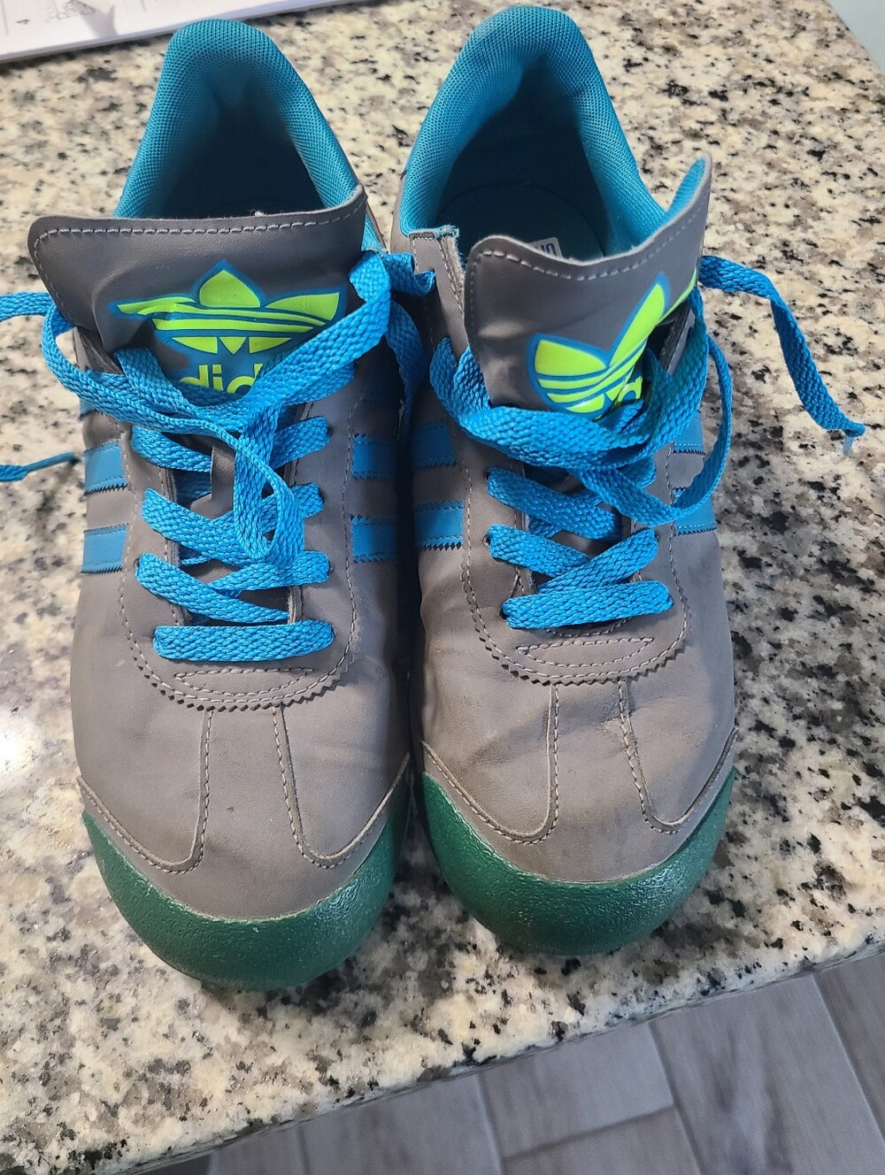 adidas Gray Sneakers with Bright Blue Laces and Green Toe Caps - Picture 1 of 5